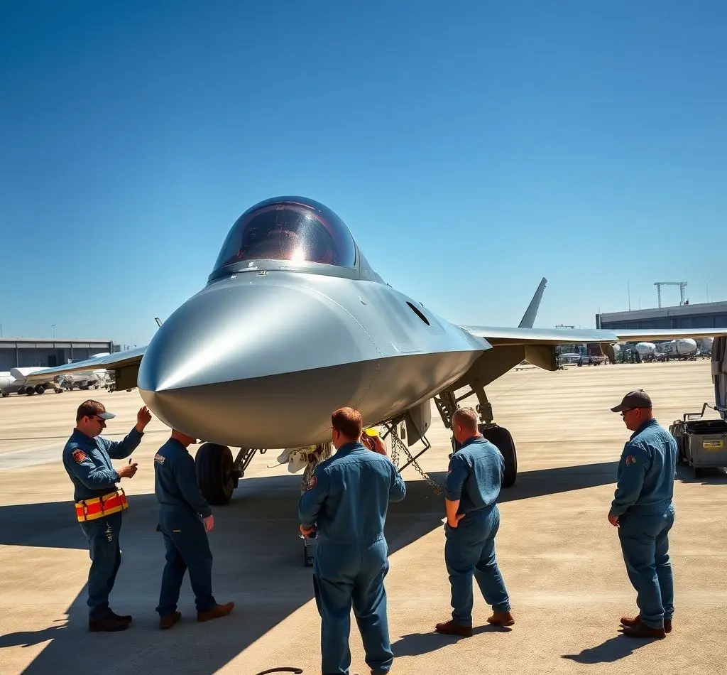 ingenieros inspeccionando avion militar