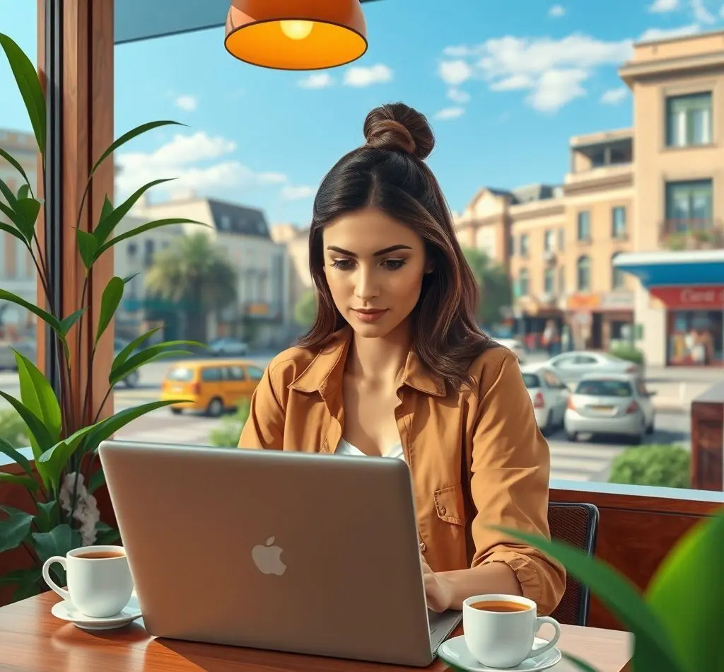 mujer buscando vuelos baratos portatil