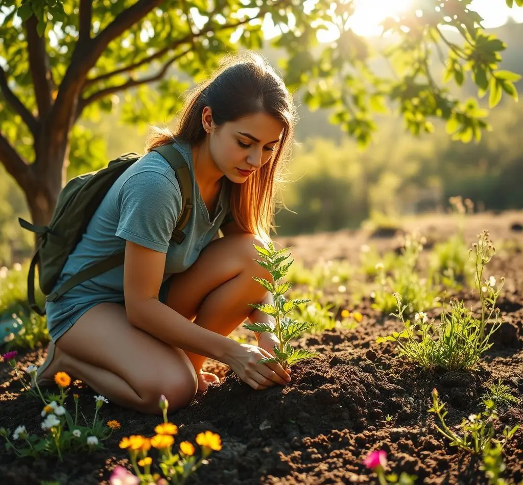 mujer plantando arbol viaje
