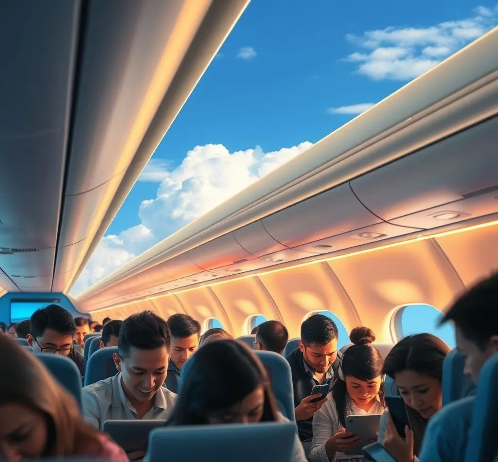pasajeros usando wifi avion