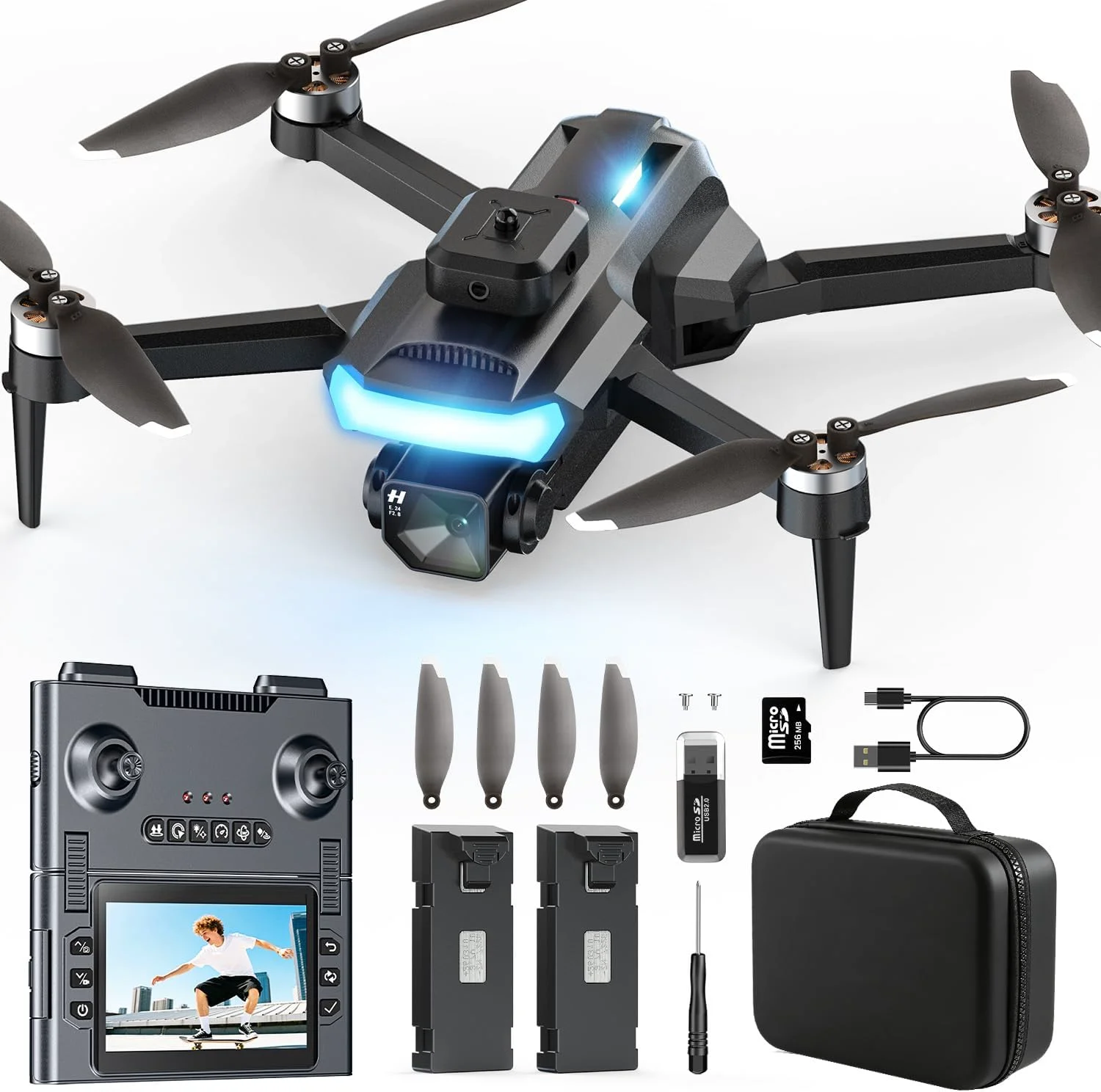 Drone Plegable con Cámara 1080P – Pantalla HD 4,3″, 2 Baterías, Evitación de Obstáculos
