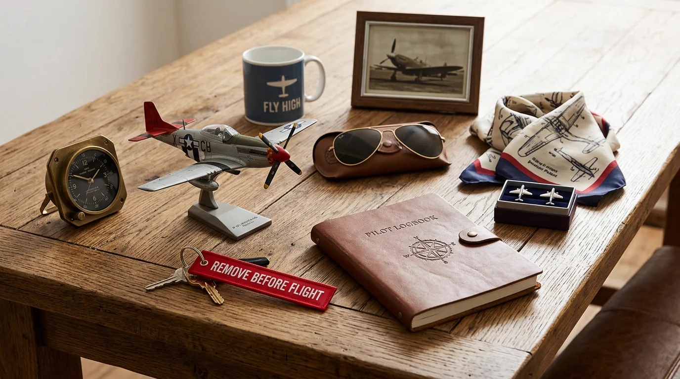Colección de regalos originales para amantes de la aviación: camisetas con diseño aeronáutico, gorras de piloto, parches bordados, tazas y accesorios de aviación sobre mesa de madera