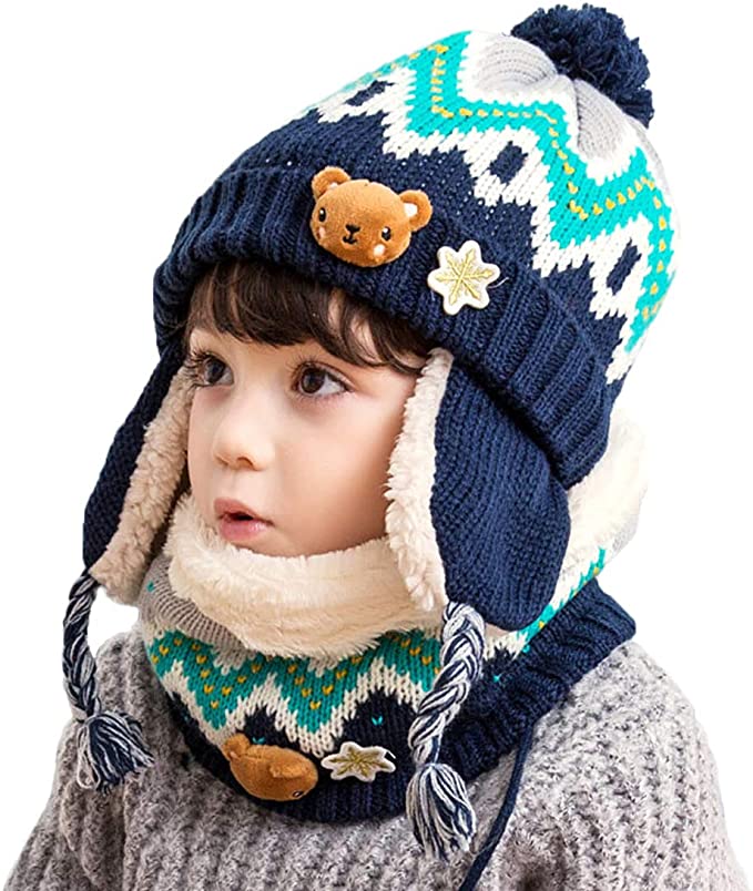FSSTUD Sombrero de lana de cuero de la PU piloto aviador Earflap sombrero invierno cálido gorro gorro con gafas patrón para bebé niños